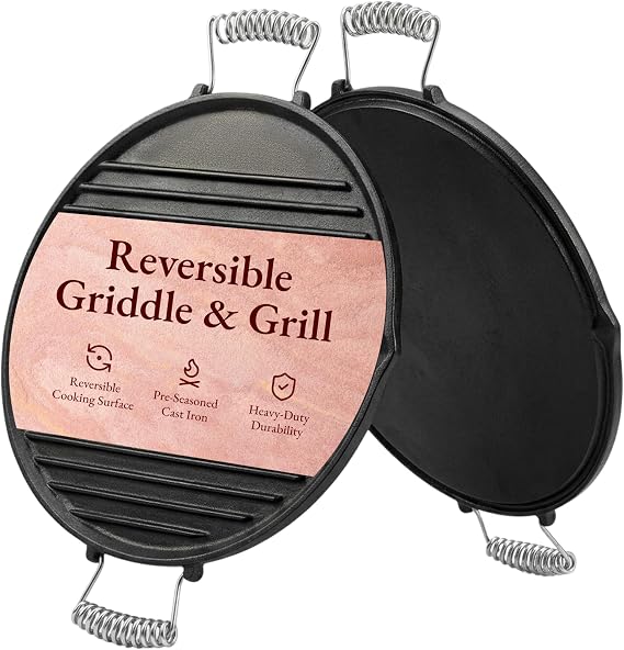 Volcano Reversible Cast Iron Griddle 16 Inch Dual-Sided Flat & Ribbed Grill Pan for Volcano Collapsible Grill, Pre-Seasoned Round Plate, Portable Camping Cooking for Grilling, Frying & Sauteing