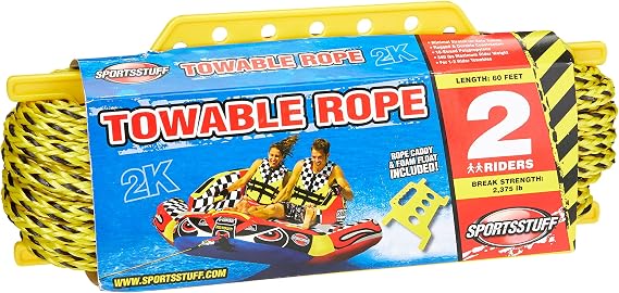 Sportsstuff Tow Rope for Towable Tubes, 1-4 Person 60 ft Heavy Duty Boating Towline, Low Stretch Polypropylene with Rope Caddy, Bright High Visibility Color, Up to 4,100 lb Break Strength