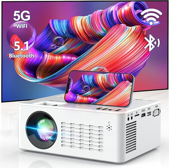 TMY WiFi Projector with Bluetooth 5.1, 1080P Supported Mini Movie Projector, Compatible with TV Stick, Phone, Computer, HDMI, USB, TF