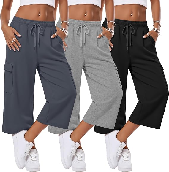 3 Pack Women's Cargo Capris | Wide Leg, Loose Fit, Baggy, Lightweight, Cropped Sweatpants, Pants with Pockets, Workout, Yoga, Running, Athletic, Casual