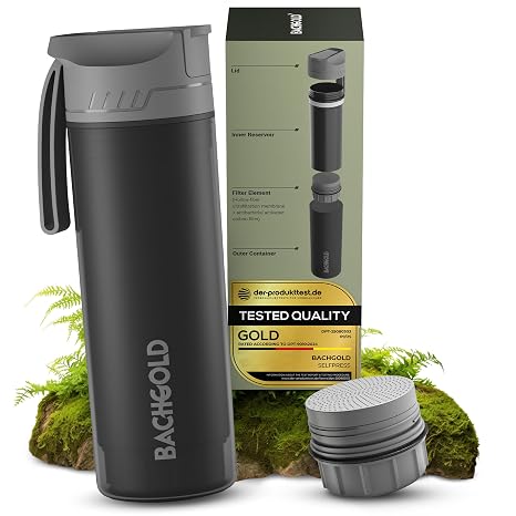 Water Filter Bottle – Bachgold Self-Press Portable Water Filter for Camping & Hiking | Camping Water Filter & Water Purification Bottle for Travel & Outdoor Adventures (Black, 500ml)