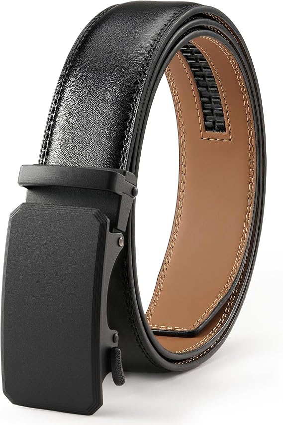 Men's Leather Ratchet Belt, 1-3/8" Wide, Auto Buckle, Trim-to-Fit, No Holes, Casual & Dress, Gift Box