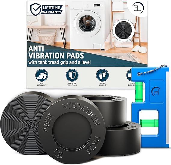 Anti Vibration Pads for Washing Machine with Tank Tread Grip - 4 Pack  Level - Fits Most Round Feet up to 1.75 - Stops Washer Dryer from Moving - Rubber Antivibration Stabilizer for Leveling Washer