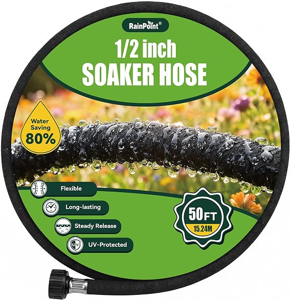 RAINPOINT 1/2'' Soaker Hose 50ft for Garden, Drip Irrigation Hose, Water Seeper Soaker Hoses for Foundation Watering, Save 80% Water for Vegetable Gardens, Flower Beds, Lawns, Orchards, Green