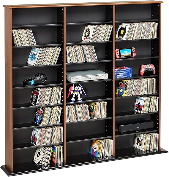 Prepac 3 Column Tall Storage Cabinet, Cherry & Black Storage Cabinet with 21 Adjustable Shelves Display DVD Perfect for Living Room, 8.75" D x 56" W x 51" H