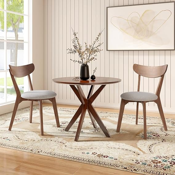 3-Piece Dining Table Set for 2, 36" Kitchen Round Table with 2 Chairs, Rubber Wood Legs, Brown