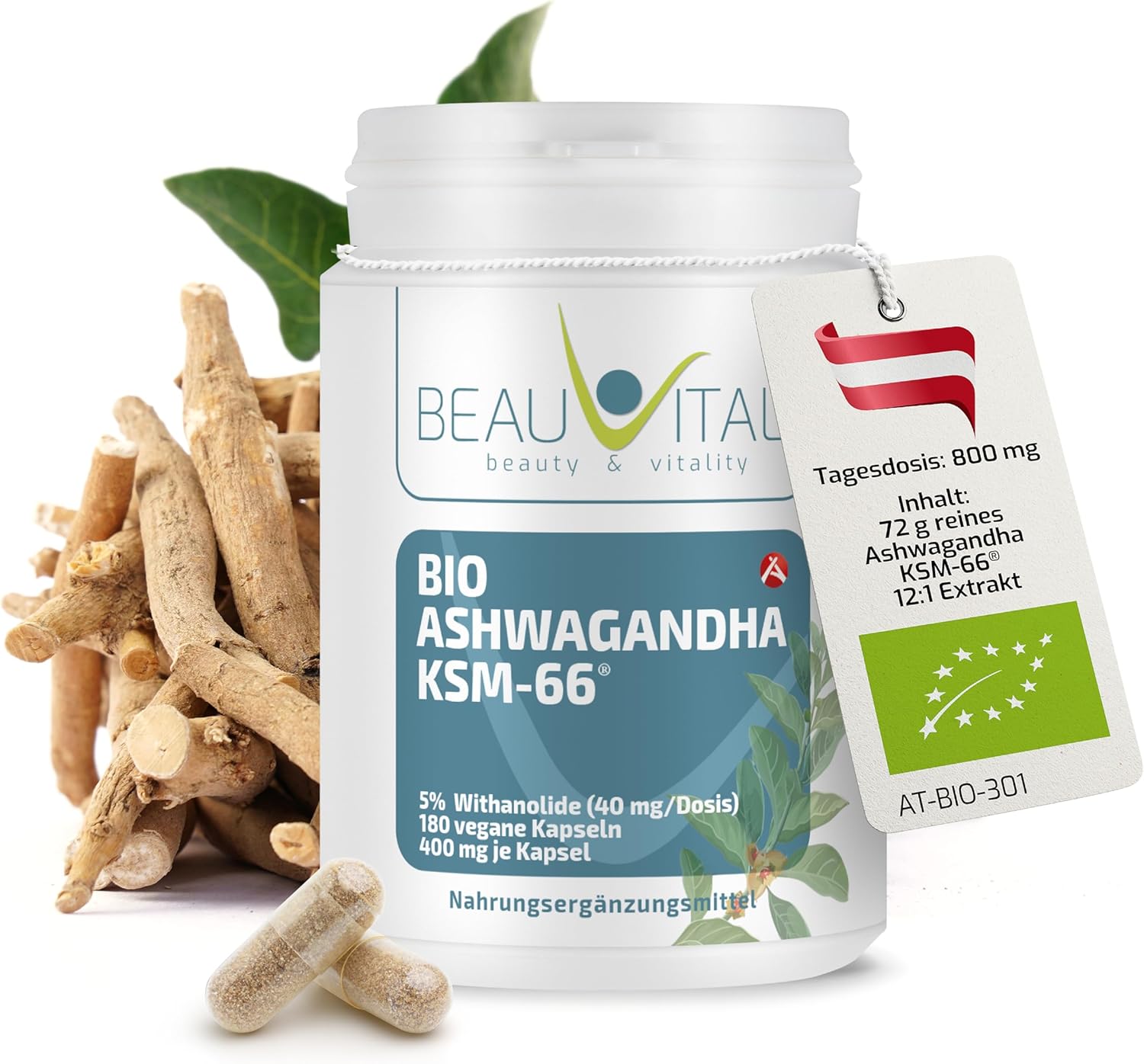 Bio-Ashwagandha KSM-66 [800mg Daily Dose] 180 Ashwagandha Capsules High Dose 12:1 Premium Extract 5% Withanolide Content Laboratory Tested Vegan Anti Stress & Lower Cortisol with BEAUVITAL