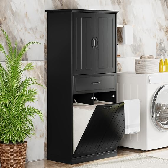 Multi-Purpose Organizer with Adjustable Shelf,Bathroom Storage Cabinet with Two Laundry Baskets,Storage Cabinet with Doors and Drawer for Bathroom,Laundry,Black