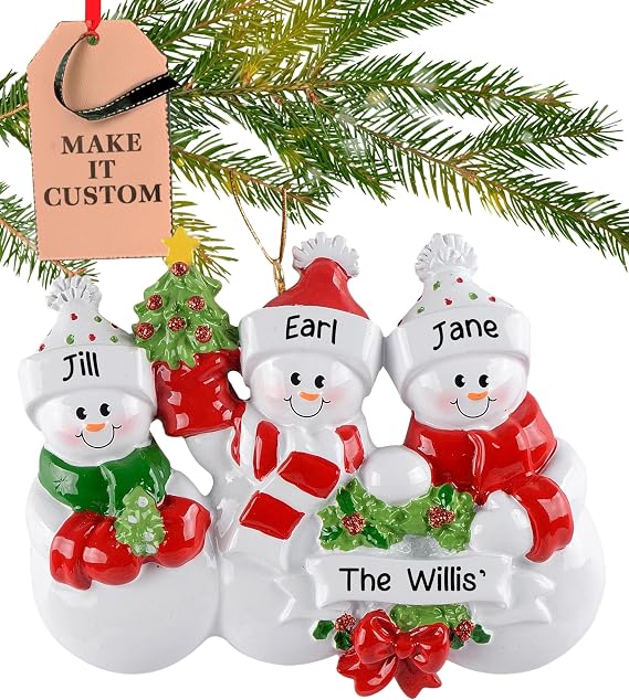 Personalized Family of 3 Ornament 2026, Snow People in Red & Green