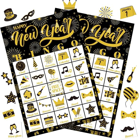 YQUQWN New Year Bingo Game Cards for Adults 24 Players New Year Eve Party Bingo Games Winter Holiday Cards for Activities Party Game