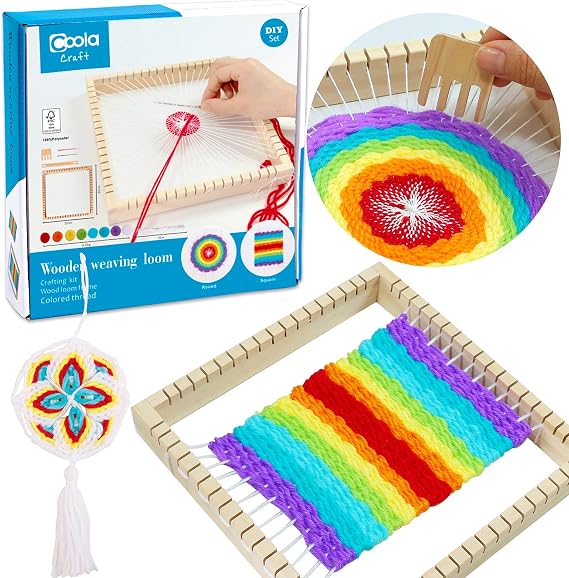 Coola Wooden Multi - Weaving Loom Kit for Kids Beginners Art and Craft Mini Loom(9 x 9in) Handcraft Including Crafting Kit,Wood Loom Frame,Colored Thread and Instructions