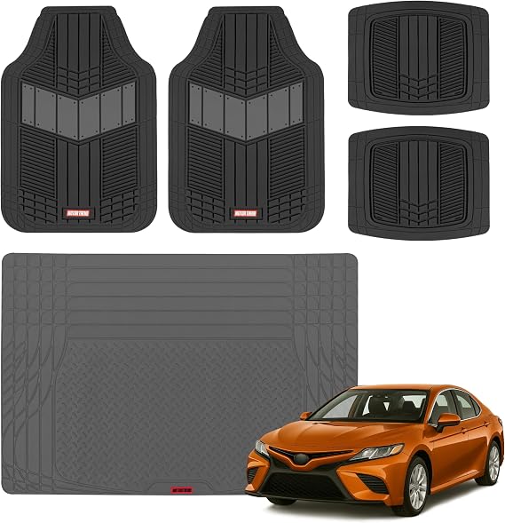 Motor Trend FlexTough Gray Floor Mats for Cars & Cargo Mat Full Set - All Weather Front & Rear Rubber Automotive Floor Mats & Cargo Liner for SUV, Car, Van - Interior Trunk Mat & Floor Cover