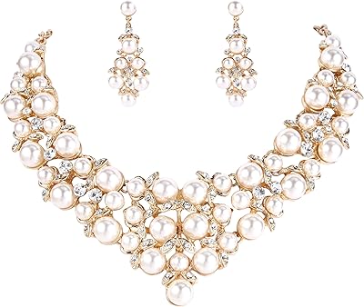 BriLove Womens Wedding Bridal Crystal Cream Simulated Pearl Cluster Statement Necklace Dangle Earrings Set