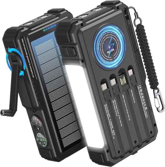 BLAVOR Solar Power Bank with Hand Crank and Built-in 4 Cables 20000mAh