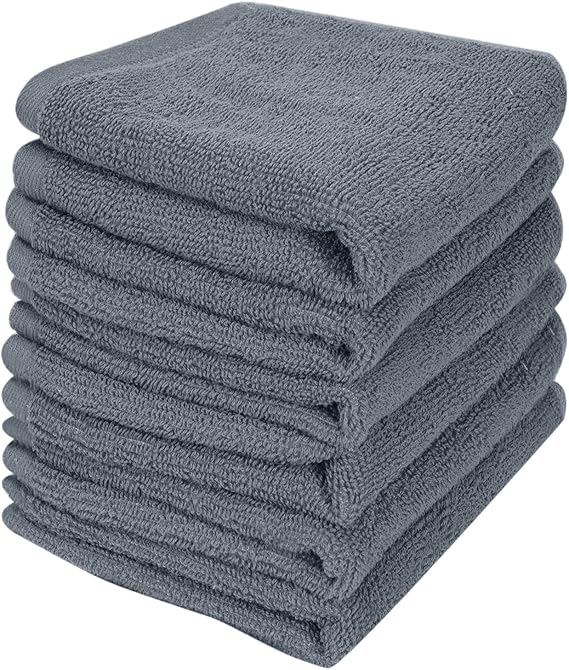 6 Pack 100% Cotton Wash Cloth, 12x12 Inch, Grey | Highly Absorbent, Soft Feel Fingertip Towels, Machine Washable, For Bathroom, Gym, Hotel, Spa and Kitchen
