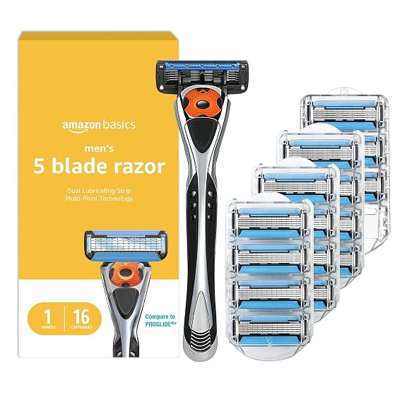 Amazon Basics 5-Blade MotionSphere Men's Razor with Dual Lubrication, Vitamin E, Precision Trimmer, 1 Handle & 16 Cartridges, Black