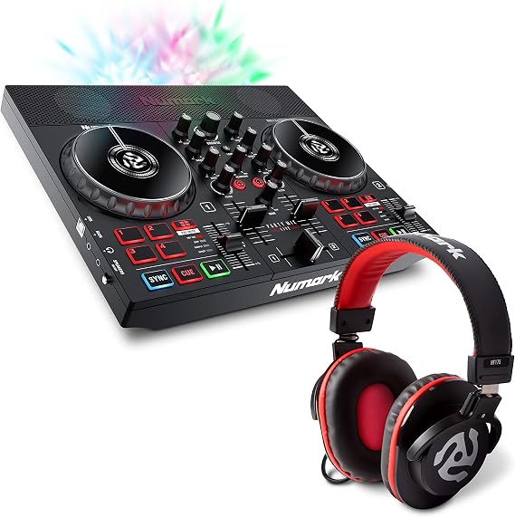 DJ Controller Bundle - DJ Set with Built in Speakers, Party Lights, DJ Mixer, Audio Interface and DJ Headphones - Numark Party Mix Live and HF175