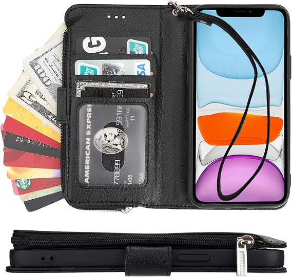 KIHUWEY Compatible with iPhone 12 Compatible with iPhone 12 Pro Wallet Case Leather Zipper with Card Holder and Wrist Strap,Kickstand and Protective Lanyard Purse Cover 6.1 inch Black