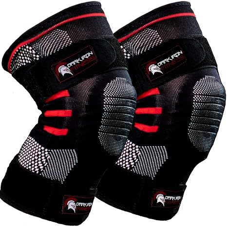 Dark Iron Fitness Knee Brace Pair for Compression & Support for Men & Women, Padded Stabilizer Sleeves w/Lateral Metal Springs for Powerlifting Weight Training, Aids Pain Relief for Arthritis, Small