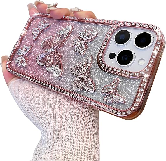 Qokey for iPhone 13/iPhone 14 Case 6.1 inch,Plated Electroplated Glitter Bling Diamond Butterfly, with Laser Luxury Holo Cardboard, Durable Protection Cover, Pink
