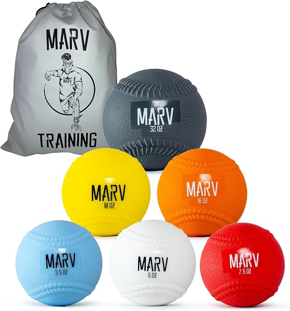 Marv Balls - Velo Set (Soft Shell use for Plyo Drills) Original PlyoMetric Ball with Seams Velocity Development Set - 6 Weighted Baseballs