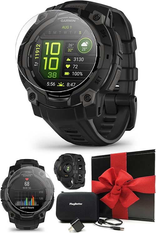 Garmin Instinct 3 AMOLED 45mm (Black) Outdoor GPS Smartwatch Gift Box | Metal Reinforced Bezel, Built-in Flashlight, Long Battery Life | Includes PlayBetter Screen Protectors, Wall Adapter & Case