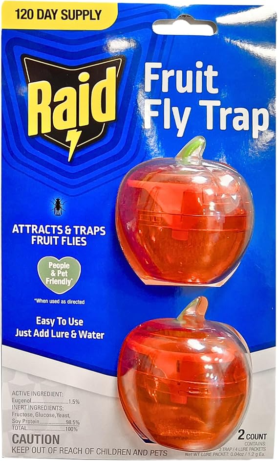 Raid Fruit Fly Trap, 4 Lures for 120 Days of Protection, Apple-Shaped Reusable Indoor Fly Trap, Stops Flies from Multiplying in Kitchens, Near Fruits, Vegetables & Garbage Bins