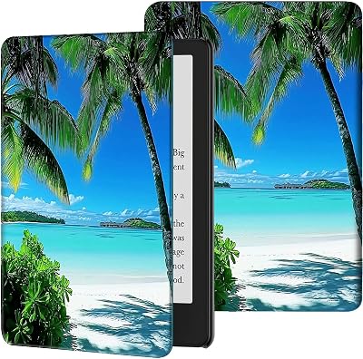Slim Case for Kindle Paperwhite 12th Gen 2024 Released 7 & Kindle Colorsoft Signature Edition PU Leather Lightweight Adjustable Stand Smart Shell Cover with Auto WakeSleep, Beach Palm Trees