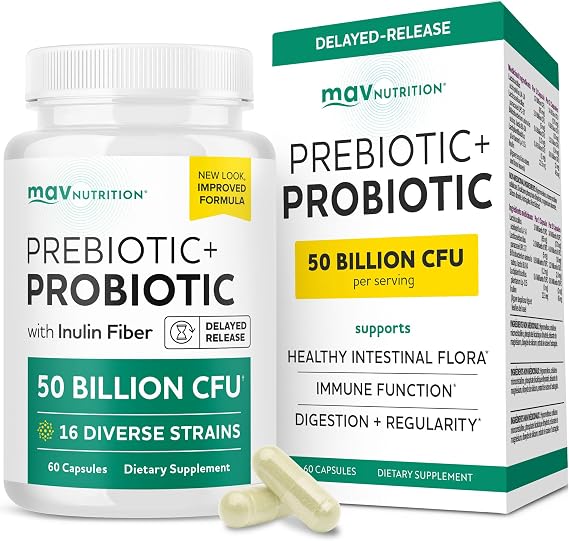 Prebiotics and Probiotics, 50 Billion CFU, 16 Probiotic Strains & Inulin | With Prebiotic Fiber, Delayed Release Capsules, Gut Health Support, Prebiotics and Probiotics for Women & Men, 60 Capsules