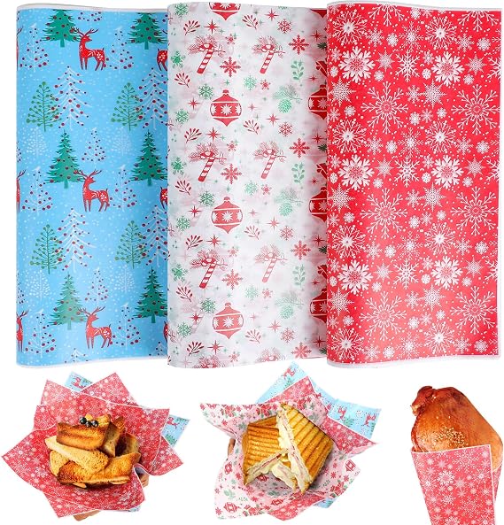 CCINEE 150 Pcs Christmas Wax Paper Sheets for Food, Greaseproof Wrapping Tissue Bulk for Deli Baking, Picnic, Sandwich, Cookies, Oilproof Basket Liners (9.84 x 9.84 Inch)