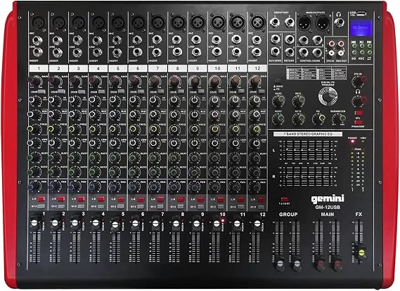 Gemini GM-12USB 350 Watts Sound Board Console Compact 12 Channel Bluetooth Mixer with Streaming with 16 FX DSP, 48V Phantom Power, USB Playback and 7 Band EQ