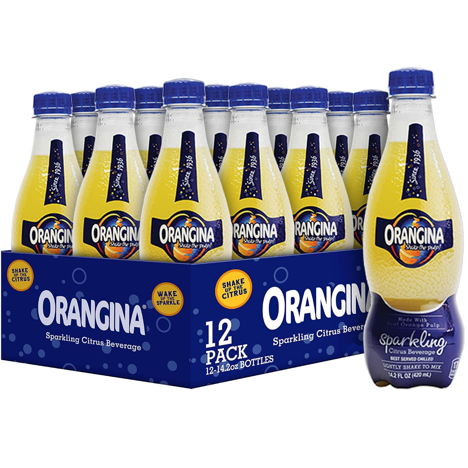 Orangina - Citrus Sparkling Juice Beverage - Light Pulp - Original Imported European French Recipe - Pack of 12 14.2 oz Bottle