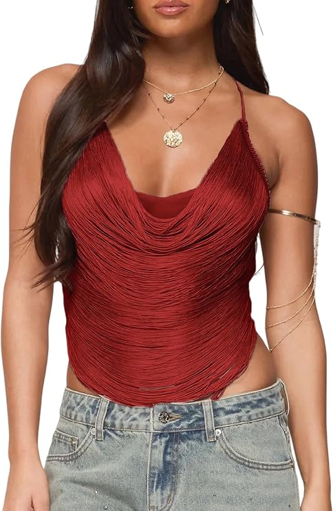 Women Fringe Halter Top Y2k Tassel Spaghetti Strap Tank Top Criss Cross Backless Going Out Cami