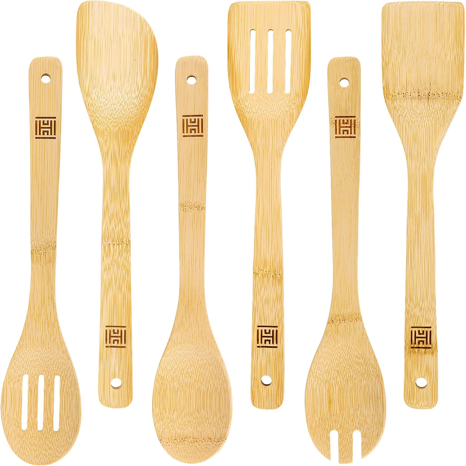 Hestiaware Bamboo Cooking Utensils – Wooden Spoons for Cooking and Spatula Set of 6 Uncoated Heat Resistant Wood Non Scratch Kitchen Utensil Set Quality Home Essentials Gift Nonstick Cookware Tools