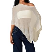 Geagodelia One Side Off the Shoulder Sheer Knit Poncho Tops for Women Sexy See Through Asymmetrical Cape Shawl Crochet Beach Cover Up Summer Lightweight Bolero Shrug