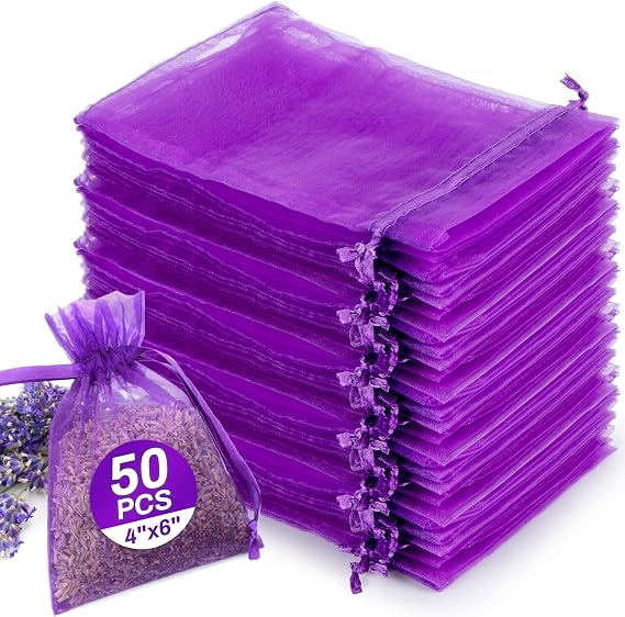 Sukh 50 Lavender Sachet Bags Empty - 4"X6" Purple Organza Potpourri Bags | Mesh Fresh Sachet Bags For Drawer, Closet Deodorizer, Party Favor Gift Bag for Rose, Orange, Cinnamon, Home Fragrance Product