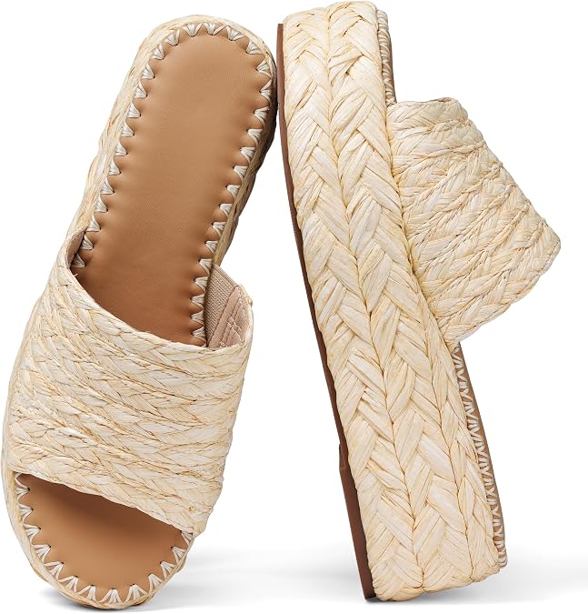 Eteridrey Platform Espadrilles Wedge Sandals for Women Summer Beach Vacation Cute Sandals Comfortable Raffia Slides