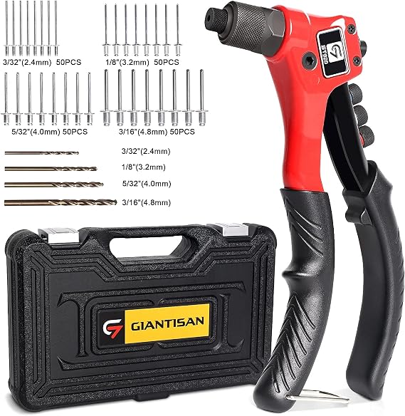 GIANTISAN Rivet Gun Kit with 200 Pop Rivets, 4 Drill Bits and a case | Ergonomic one hand operated pop rivet gun, ideal for sheet metal work, funiture, decoration and automotive