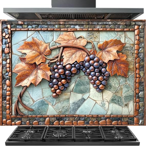 Tempered Glass Backsplash for Kitchen, Tuscan Art Glass Backsplash, Easy to Clean Custom Stove Backsplash, Heat & Scratch Resistant Kitchen Backsplash, Multi-Mount Grape Backsplash