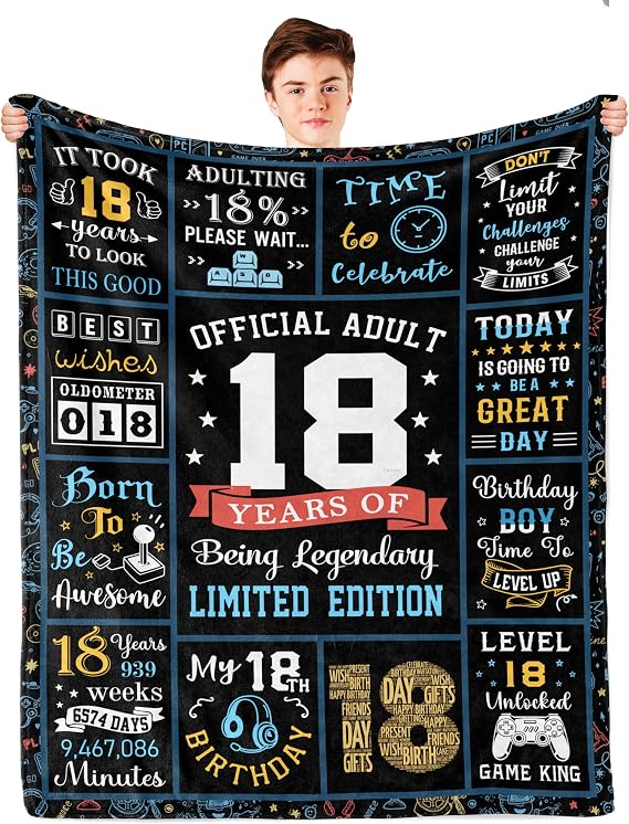 18th Birthday Gifts for Boys, 18 Year Old Boy Gifts Blanket 60x50in | 18 Year Old Boy Birthday Gifts, Gifts for 18 Year Old Boy, 18th Birthday Blanket/Decoration, Turning 18th Present for Son/Him