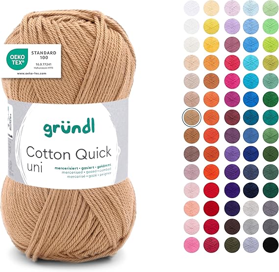 Gründl Quick Plain Cotton Wool Thin Wool for Crocheting Knitting Yarn Crochet Yarn Shiny and Skin Friendly 100% Cotton 1 Ball 50 g / 125 m 3-4 Needle Size Brass