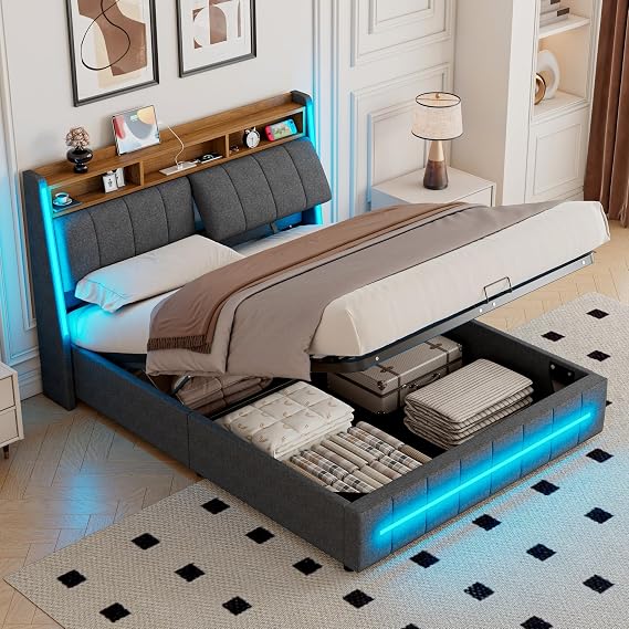 Double Bed Frame 4ft6, Ottoman Bed Double with Storage, Linen Grey