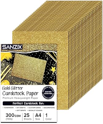 SANZIX 25 Sheets Gold Glitter Cardstock Paper - 8.2x11.7, 110lb 300 GSM, Heavyweight Sparkly Gold Glitter Paper Cardstock for Cricut, Scrapbook, DIY Crafts, Christmas, Decorations, Cards, Gift Box