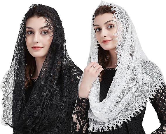 FANFAN Lace Infinity Chapel Veil Catholic Mass Head Cover 2 Pack Y044 | Soft lace fabric, two pieces set, for church prayer & catholic mass, stretch infinity design,Spanish style, eyelash lace edge