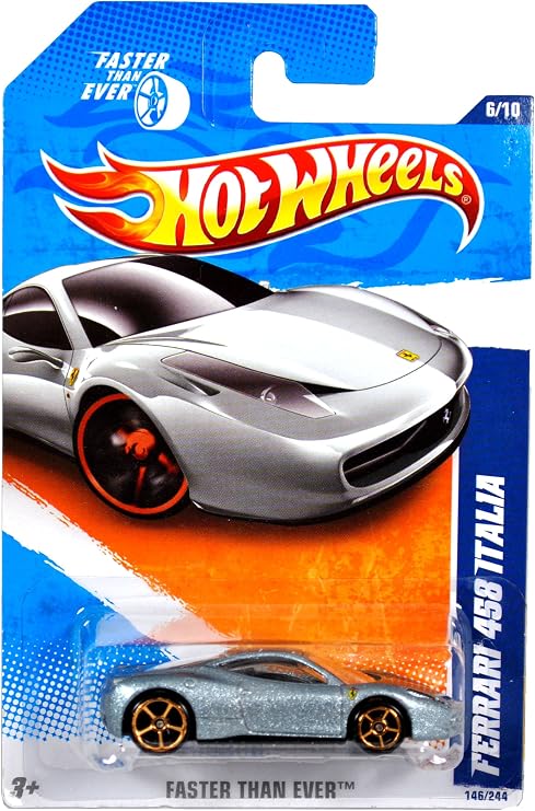 Mattel Year 2010 Hot Wheels "FASTER THAN EVER" Series Set (6/10) 1:64 Scale Die Cast Car (146/244) - Silver Color Mid-Engined Sports Coupe FERRARI 458 ITALIA