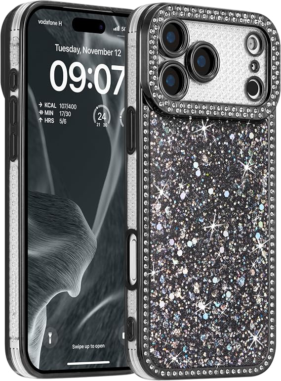 FABSPARK for iPhone 17 Pro Max Sparkly Glitter Diamond Case,Black | Crystal Rhinestones Sequin Shiny Bling Luxury Electroplated Case,Aesthetic Full Protection for iPhone 17 Pro Max,Black