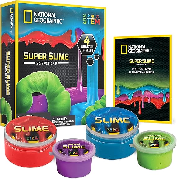 NATIONAL GEOGRAPHIC Super Science Lab Slime Kit Includes Green Fluffy Slime, DIY Blue & Red Glow-in-The-Dark Slime, Purple Liquid Slime, Containers, Great Stem Toy for Boys & Girls