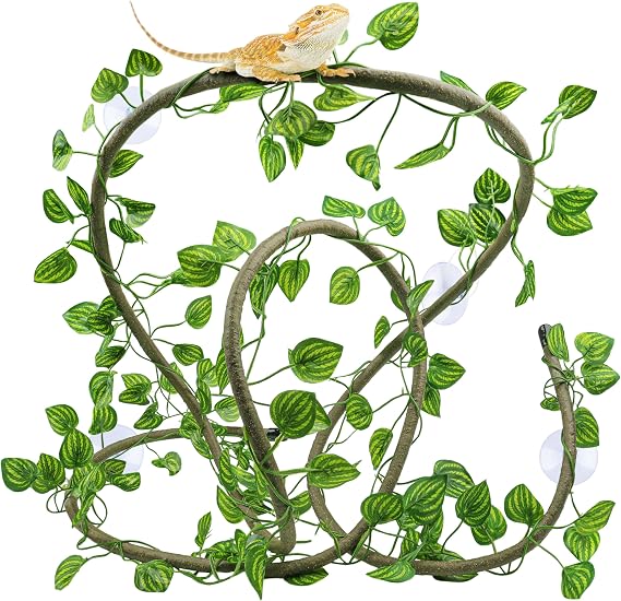 QUOZUO Reptile Tank Accessories, Artificial Plants Vines and Flexible Leaves With Suction Cups, Crested Gecko Tank Long Vines Hide for Climbing, Chameleon, Lizards