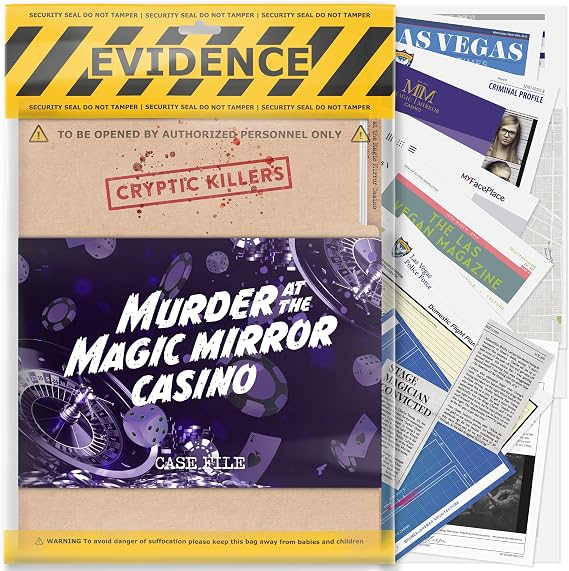 Cryptic Killers Unsolved murder mystery game - Cold Case Files Investigation Detective Evidence & Crime File - individuals, date nights & party games- Murder at the Magic Mirror Casino