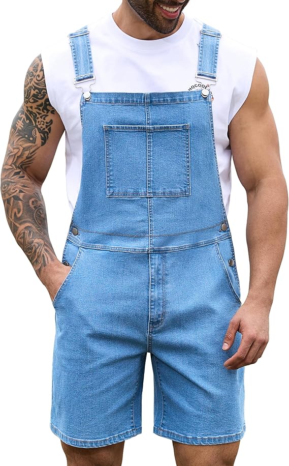 Bindefon Denim Overalls for Men Short Jumpsuit Work Bib Coveralls